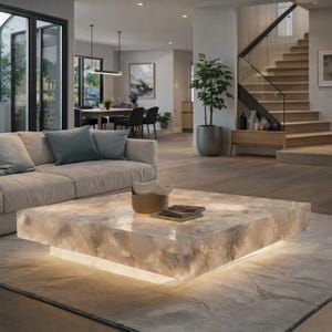May include: A modern living room featuring a large, illuminated square coffee table made of a light-colored, translucent material. The table sits on a light-colored rug, with a beige sofa and decorative items nearby. The room has a neutral color palette.