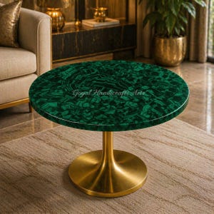 Malachite Coffee Table Top Round Green Stone Table Luxury Centerpiece Brass Base Side Table Handmade Decor