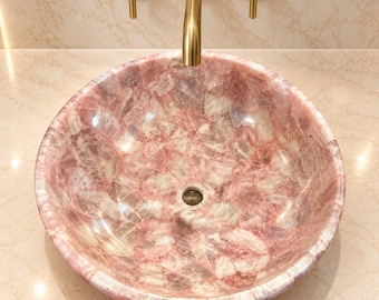 Cuba de apoio artesanal em quartzo rosa, lavatório de banheiro em pedra preciosa rosa (somente a cuba)