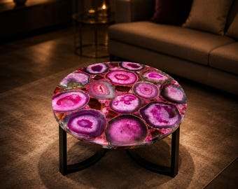 Round Pink Agate Stone Coffee Table for Living Room