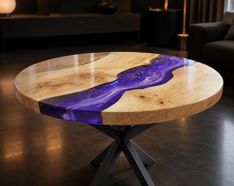 Purple Epoxy River Coffee Table Round Wood Resin Handmade Living Room Center Table