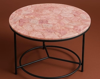 Handgefertigte Rosenquarz-Tischplatte, Luxus-Edelstein-Kaffeetischoberfläche, rosa Kristallakzenttisch, Naturstein-Wohnkultur