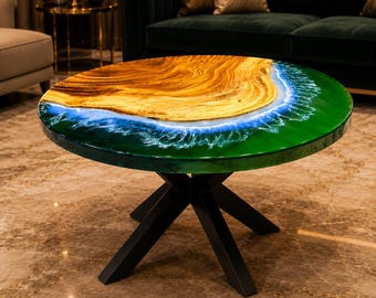 Ocean Resin Coffee Table Round Wood Epoxy Table Beach Wave Coffee Table Handmade Coastal Living Room Furniture