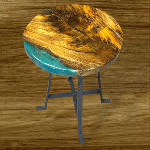 Teak & Blue Resin River Side Table: Handmade Epoxy Accent Furniture