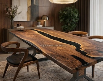 Live Edge Walnut Dining Table, Epoxy River, Handmade Wood Furniture, Modern Luxury