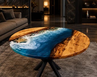 Ocean Resin Coffee Table Round Wood Table Handmade Coastal Epoxy Resin Table Beach Wave Center Table Natural Wood Furniture