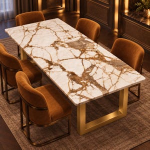 May include: A rectangular dining table with a white marble top featuring prominent brown veining, supported by a gold-toned metal base. The table is surrounded by six chairs upholstered in a burnt orange fabric with gold-toned metal frames.