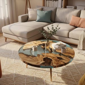 May include: A round coffee table with a wooden top and blue resin inlay. The table has three wooden legs and is placed on a beige rug. A beige sofa and pillows are in the background.