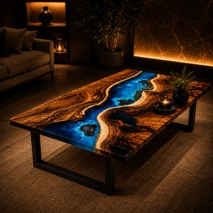 Rectangular Live Edge Walnut Wood Ocean Resin Dining Table Handmade Blue Epoxy River Kitchen Table Top Custom Luxury Furniture