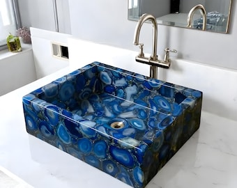 Handmade Blue Agate Stone Sink: Square Vessel Basin