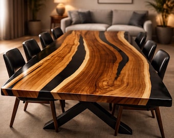 Live Edge Walnut Epoxy River Dining Table, Handmade Luxury Wood Statement Piece