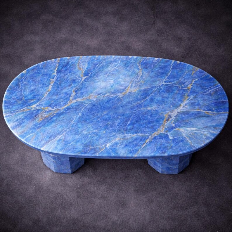 blue onyx, natural stone, marble slab, semi precious stone, gemstone inlay, polished surface, resin fill, stone composite, handcrafted finish, luxury minerals, solid base, smooth edge, premium polish
