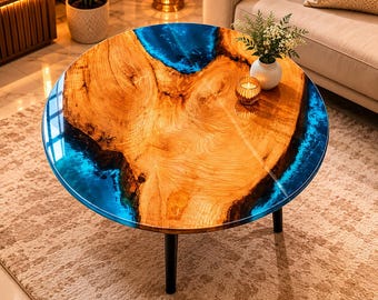 Blue Epoxy Resin River Coffee Table | Round Wooden Living Room Table | Handmade Modern Rustic Furniture | Ocean River Resin Decor