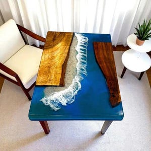 Handmade Ocean Wave Epoxy Resin Coffee Table: Live Edge Wood Beach Decor
