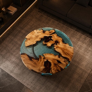 Mesa de centro redonda de resina epoxi Olive Wood River, mesa de centro de resina de madera hecha a mano, mesa de centro de lujo para sala de estar.