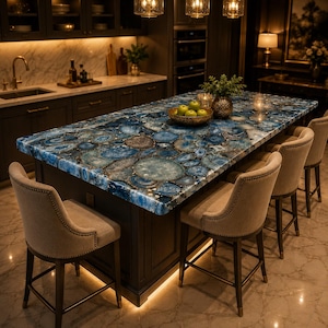Blauwe agaat aanrechtblad tafel, luxe rechthoekige agaat eettafel, aanrecht van halfedelsteen, moderne blauwe edelsteen tafel