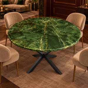 Green Stone Dining Table with Round Veined Top and Black Geometric Base for Elegant Dining Room Gatherings [only Table top]