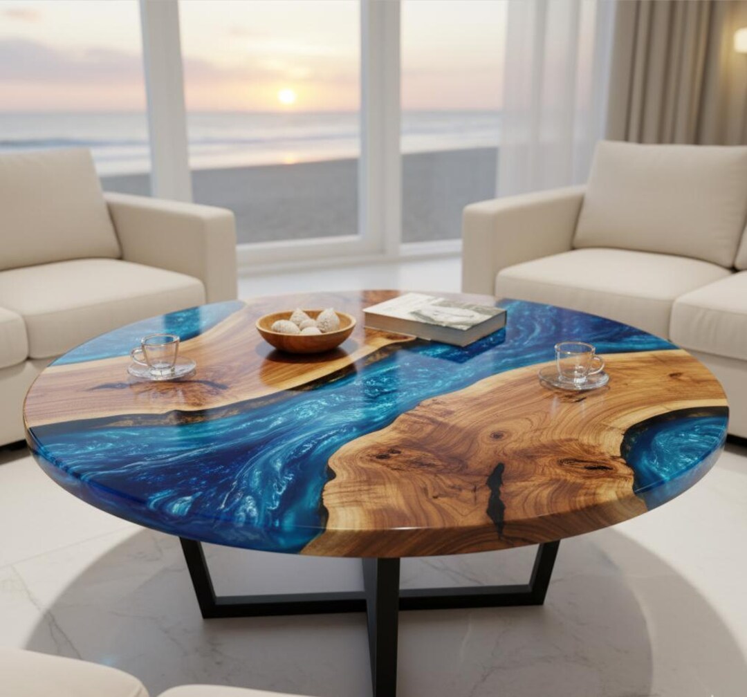 Ocean Wave Epoxy Resin Coffee Table Handmade Wood Coastal Center Table ...