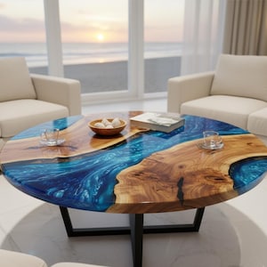 May include: A round coffee table with a unique design. The table features a wooden surface with a blue resin river flowing through the center. The table is supported by a black metal base. Two clear glass cups and a small wooden bowl are on the table.