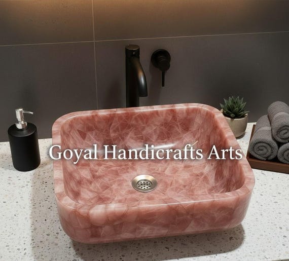 Rose Quartz Bathroom Sink, Pink Gemstone Vessel Sink, Luxury Agate Wash Basin, Handmade Crystal Countertop Washbowl, Vanity Basin