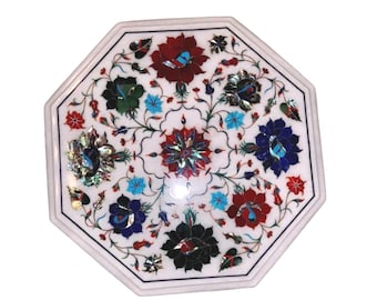 Handmade Floral Marble Inlay Table Top, 15 Inch Octagon White Marble Pietra Dura Art, Luxury Home Cafe Decor Gifts (Only Tabletop)