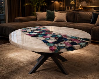 Handmade Agate Gemstone Coffee Table, Round Crystal Stone Table Top, Luxury Multicolor Agate Accent Table, Modern Living Room Center Table