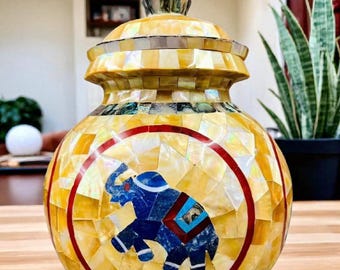 Mother of Pearl Inlay Jar: Handmade Elephant Motif Gemstone Vase (Only Jar)