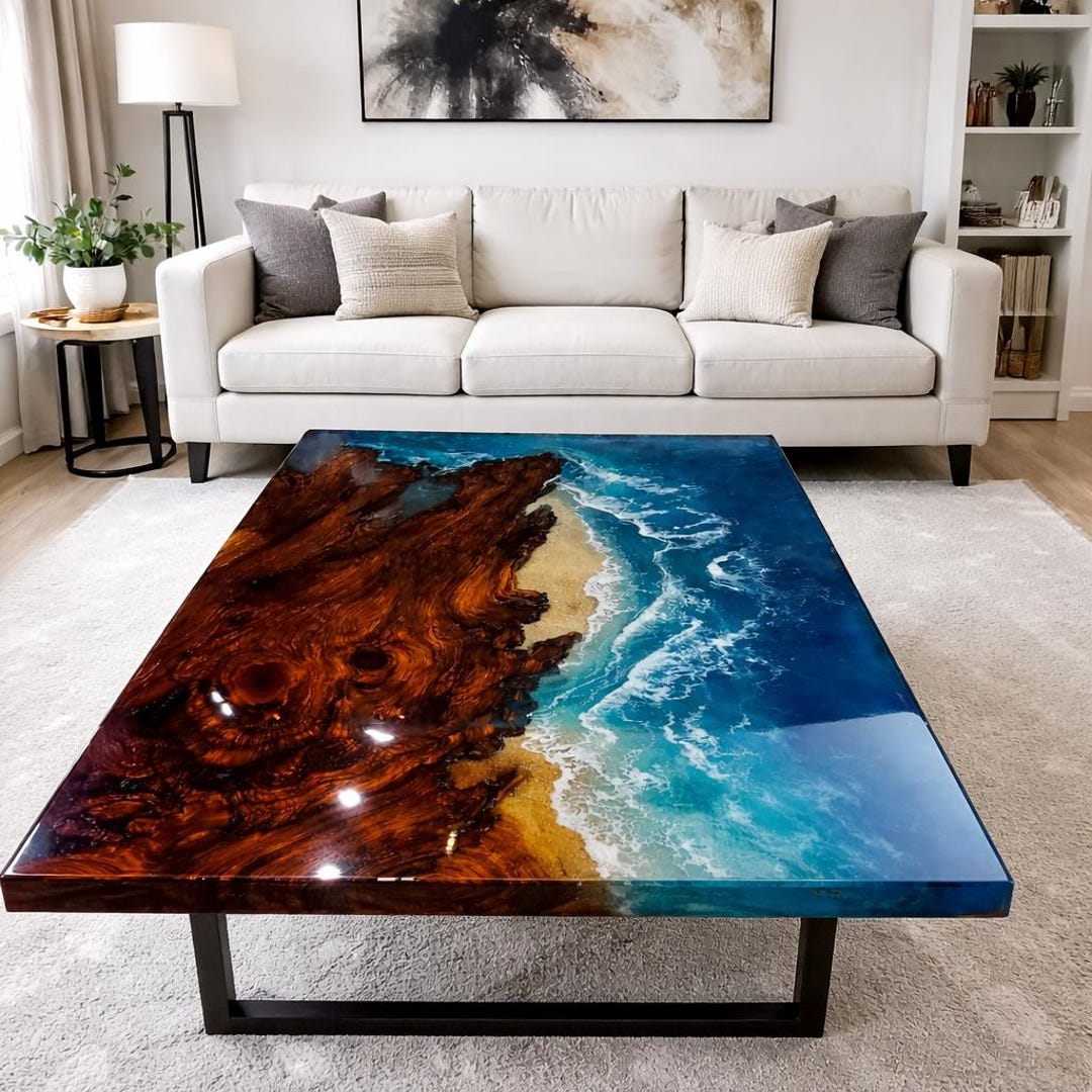Handmade Ocean Epoxy Resin Coffee Table, Live Edge Burl Wood, Coastal ...