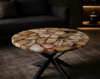 Mesa de centro redonda de ágata beige hecha a mano con piedra natural. Muebles de lujo para sala de estar con piedras preciosas.