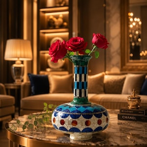 Jarrón redondo de mármol azul con mosaico de 53 cm, maceta con cuello a cuadros e incrustaciones florales de piedra para la decoración de la sala de estar.