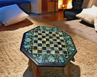Handmade Octagon Marble Chess Table Top: Gemstone Inlay, Agra Art (Only Chess Tabletop)