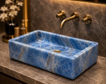 Lavabo rectangular de piedra azul para encimera, hecho a mano, de lujo, para baño, decoración moderna (solo lavabo).