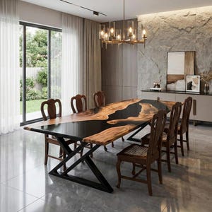 Mesa de comedor River de nogal negro con borde natural / Resina epoxi moderna