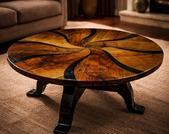 Round Solid Wood Coffee Table, Black Resin Inlay, Modern Living Room Furniture