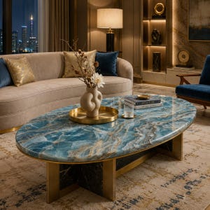 Könnte beinhalten: Ein ovaler Couchtisch mit einer blau-goldenen Marmoroptik. Der Tisch hat ein goldfarbenes Metallgestell und befindet sich in einem Wohnzimmer. Im Hintergrund befindet sich ein beiges Sofa mit blauen und goldenen Kissen.