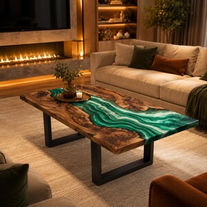 Peut inclure: Une table basse rectangulaire composée d'une dalle de bois naturel avec un bord brut et une incrustation centrale en résine verte et blanche aux motifs tourbillonnants. La table repose sur deux pieds en métal noir en forme de U.