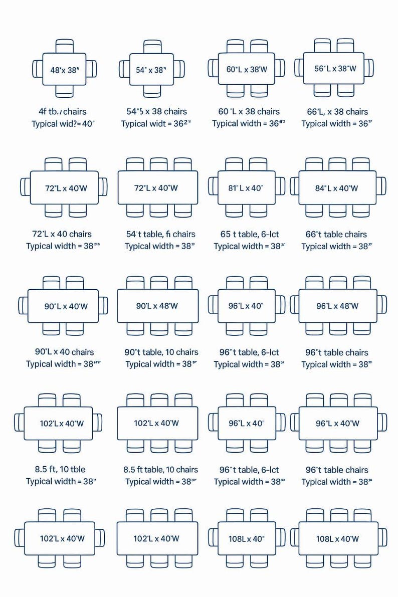May include: Diagram of various rectangular tables with chairs, showing dimensions in inches. Sizes range from 48" x 38" to 108" x 40", with different chair configurations. Ideal for furniture planning.