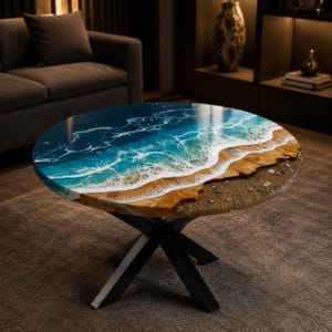 Ocean Wave Salontafel Handgemaakte Epoxyhars Strandtafel Ronde Kust Hout Hars Woonkamer Center Tafel Custom Meubilair