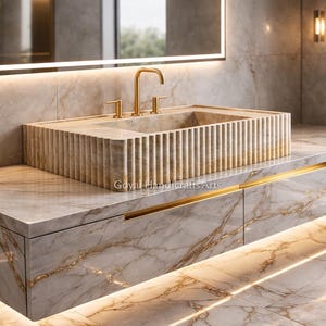 May include: A contemporary bathroom vanity with a marble worktop and integrated sink. The sink has a fluted design and gold-toned taps. The vanity features drawers with gold accents and is illuminated by warm lighting, creating a luxurious ambiance.
