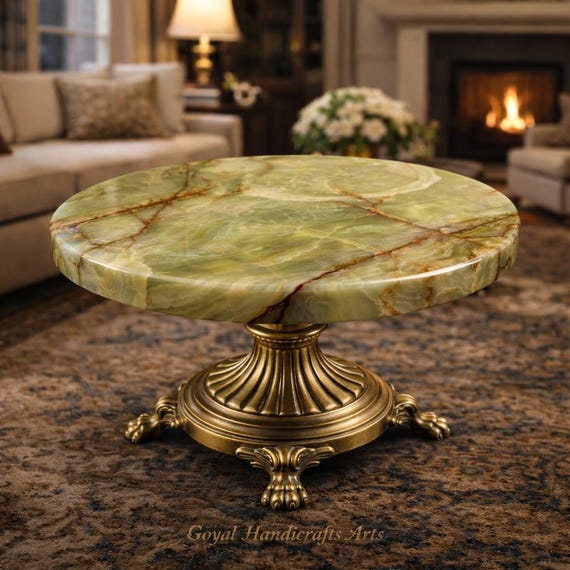 Green Onyx Table Top Luxury Stone Coffee Table Round Marble Center Table Brass Base Handmade Decor Furniture [only table top]
