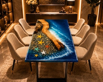Mesa de comedor de resina con diseño de olas oceánicas, mesa de playa de epoxi, mesa de madera con borde natural estilo océano, muebles de comedor costeros, mesa de arte de resina hecha a mano