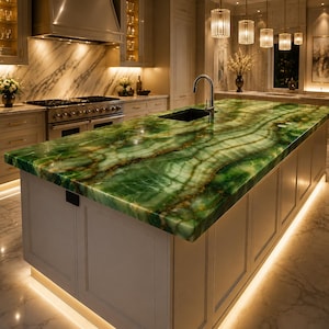 Green Onyx  Island Countertop Luxury Kitchen Island Top Handmade Natural Stone Worktop Custom Designer Statement Surface [ only table top]
