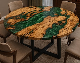 Green Epoxy River Dining Table, Live Edge Wood Dining Table, Handmade Resin Dining Table, Modern Luxury Dining Furniture table