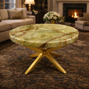 Round green onyx coffee table top with natural veining and polished stone finish
Luxury green stone tabletop featuring translucent patterns for elegant living room decor