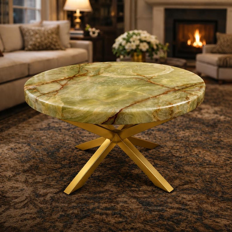 Round green onyx coffee table top with natural veining and polished stone finish
Luxury green stone tabletop featuring translucent patterns for elegant living room decor
