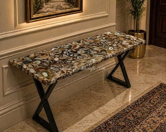 Consolle in agata realizzata a mano, lussuoso mobile da ingresso in pietra, moderno complemento d'arredo per corridoio, piano in lastra di design, decorazione d'interni di alta qualità.