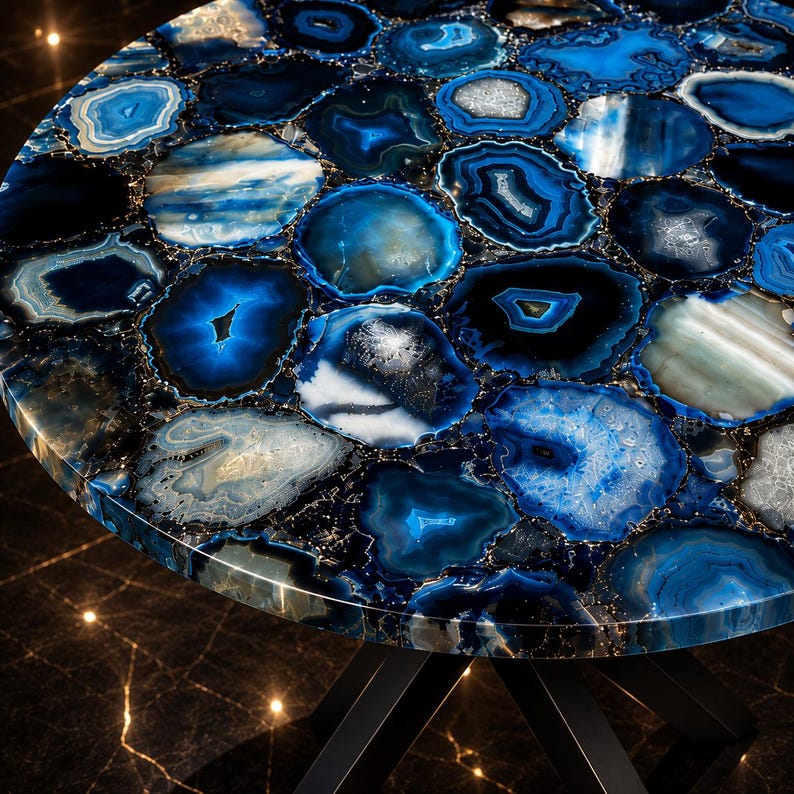 Decorative round crystal-inspired tabletop bringing bold color and exclusivity to luxury spaces.
Elegant natural stone centerpiece highlighting genuine agate textures and premium craftsmanship.