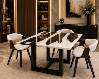 White Epoxy Resin River Dining Table, Live Edge Wood Table, Handmade Square Dining Table, Modern Kitchen Furniture Decor