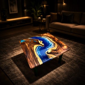 Blue Ocean Epoxy Resin Square Coffee Table Live Edge Wood Center Table for Living Room Decor