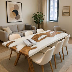 Handmade White Epoxy Resin Dining Table with Solid Wood | Modern Luxury Custom Dining Table
